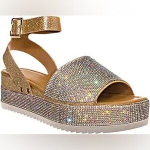 Womens Ankle Strap Rhinestones Glitter Platform Sandals Open Toe Wedge Shoes